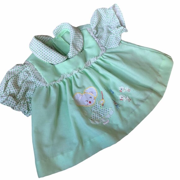 Vintage Seafoam Green Swiss Dot Mouse Embroidered Dress 0-3 Months - Picture 4 of 9